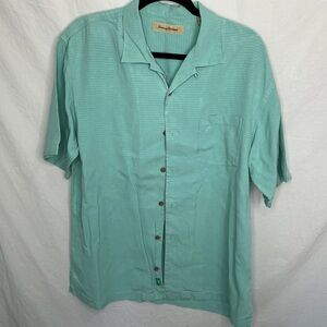 Tommy Bahama Shirt Men's Sz Medium Green Stripe Wood Button Front 100% Silk READ